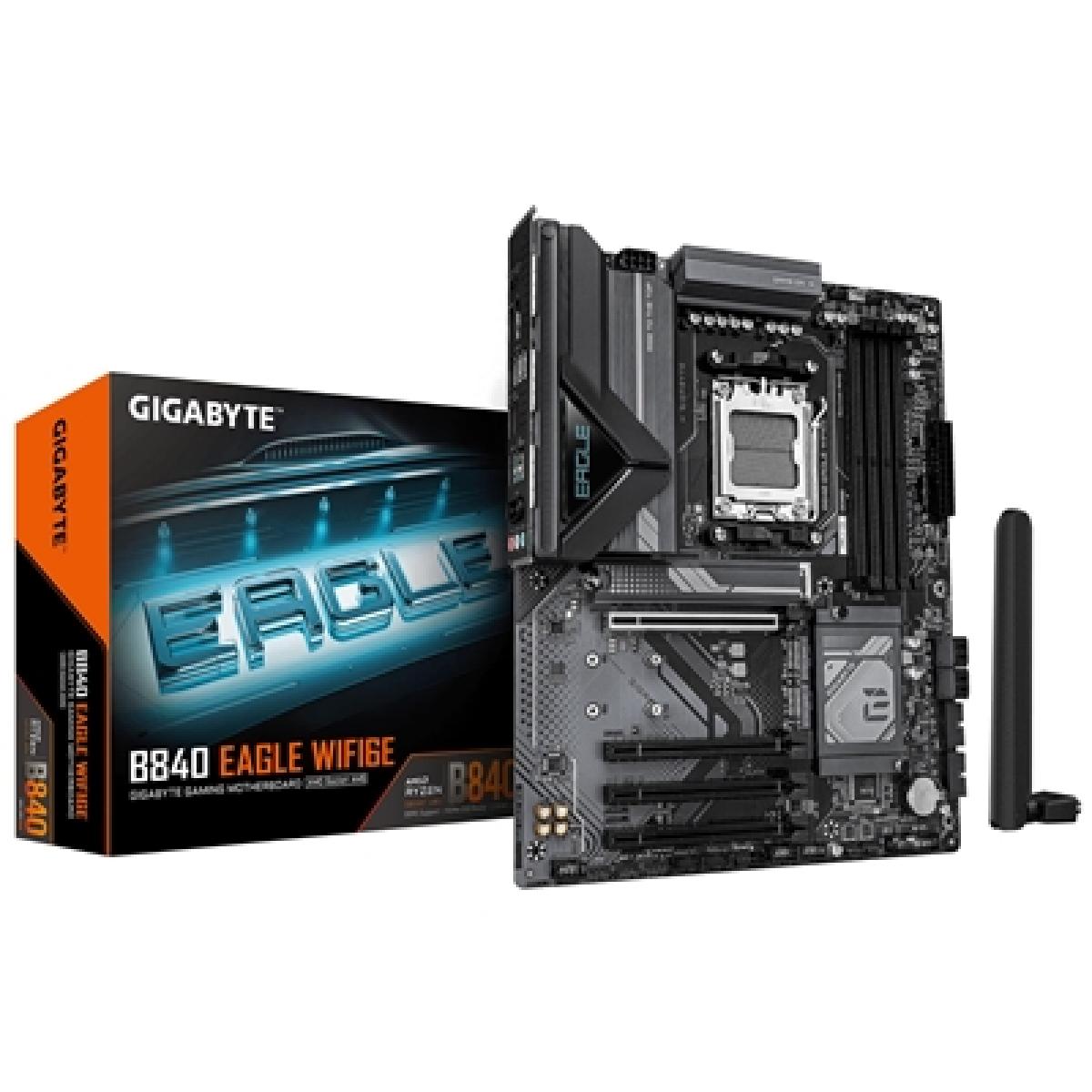 Gigabyte B840 EAGLE WIFI6E AMD AM5 Socket Motherboard, ATX, 4x DDR5 Slots, 3x M.2 Socket, Fitted I/O Shield, 2.5GbE LAN, Wi-Fi 6E, 1x DisplayPort / 1x HDMI Port