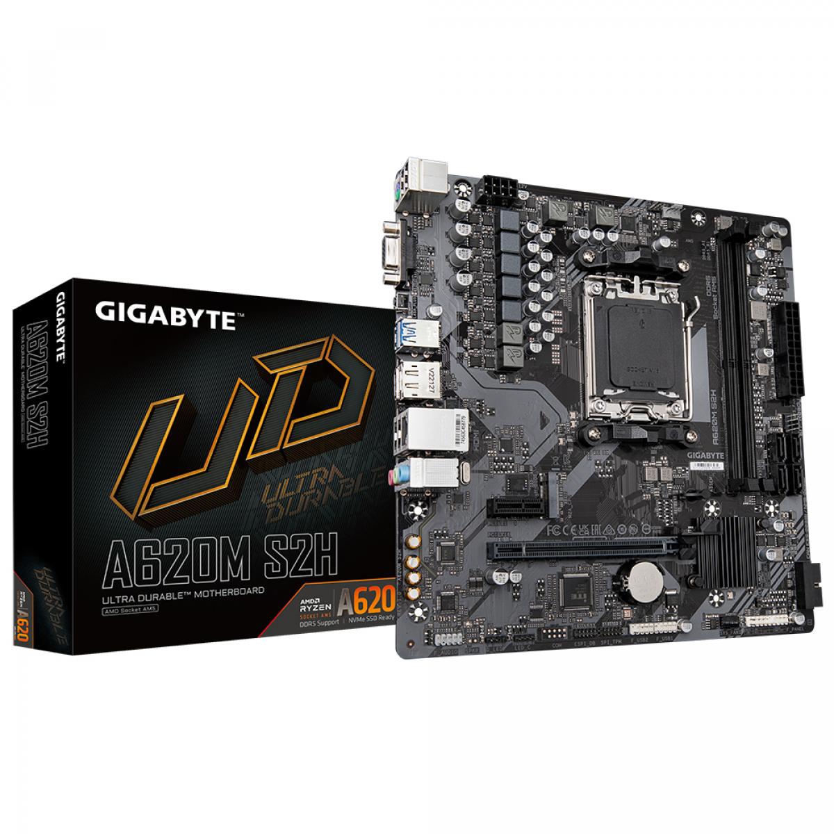 GIGABYTE A620M S2H Motherboard - Supports AMD Ryzen 8000 CPUs, 5+2+2 Phases Digital VRM, up to 7200MHz DDR5 (OC), 1xPCIe 4.0 M.2, GbE LAN, USB 3.2 Gen 1