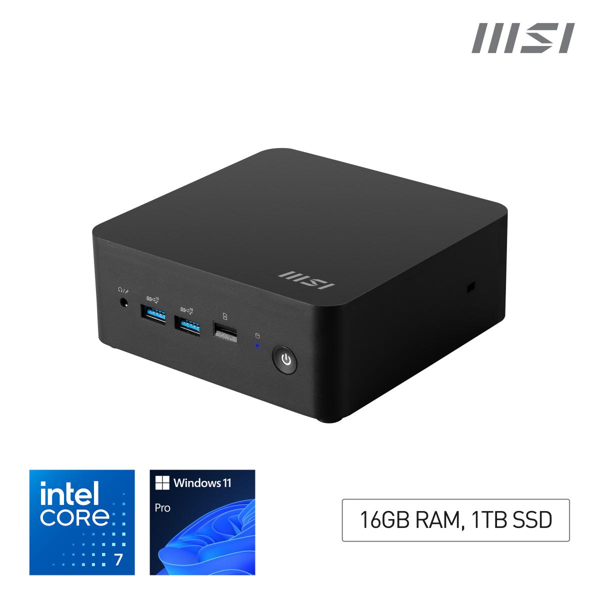 MSI Cubi NUC 1M Intel Core 7 150U Desktop PC, NUC, SFF, Mini Computer, HTPC, (16GB RAM, 1TB Storage, Windows 11 PRO), Intel Graphics/DDR5/Dual ThunderBolt 4/Dual HDMI/Dual LAN/WiFi 6E/BT 5.3/VESA