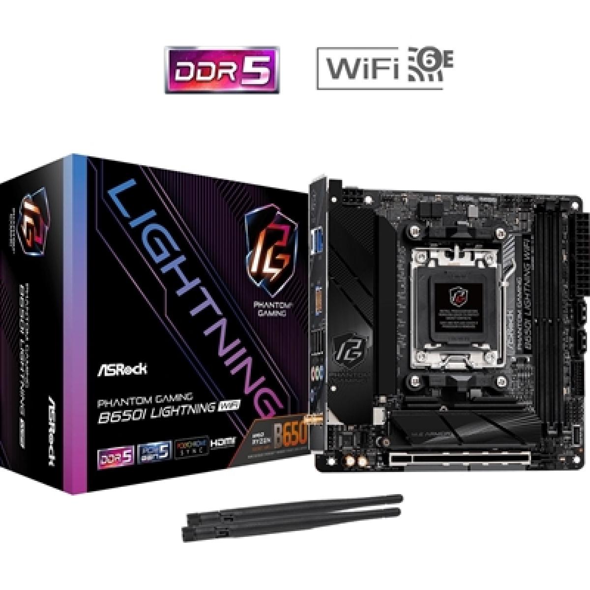 ASRock B650I LIGHTNING WIFI AMD AM5 Socket Motherboard, Mini-ITX, 2x DDR5 Slots, 2x M.2 Socket, Fitted I/O Shield, 2.5GbE LAN, Wi-Fi 6E, 1x HDMI Port