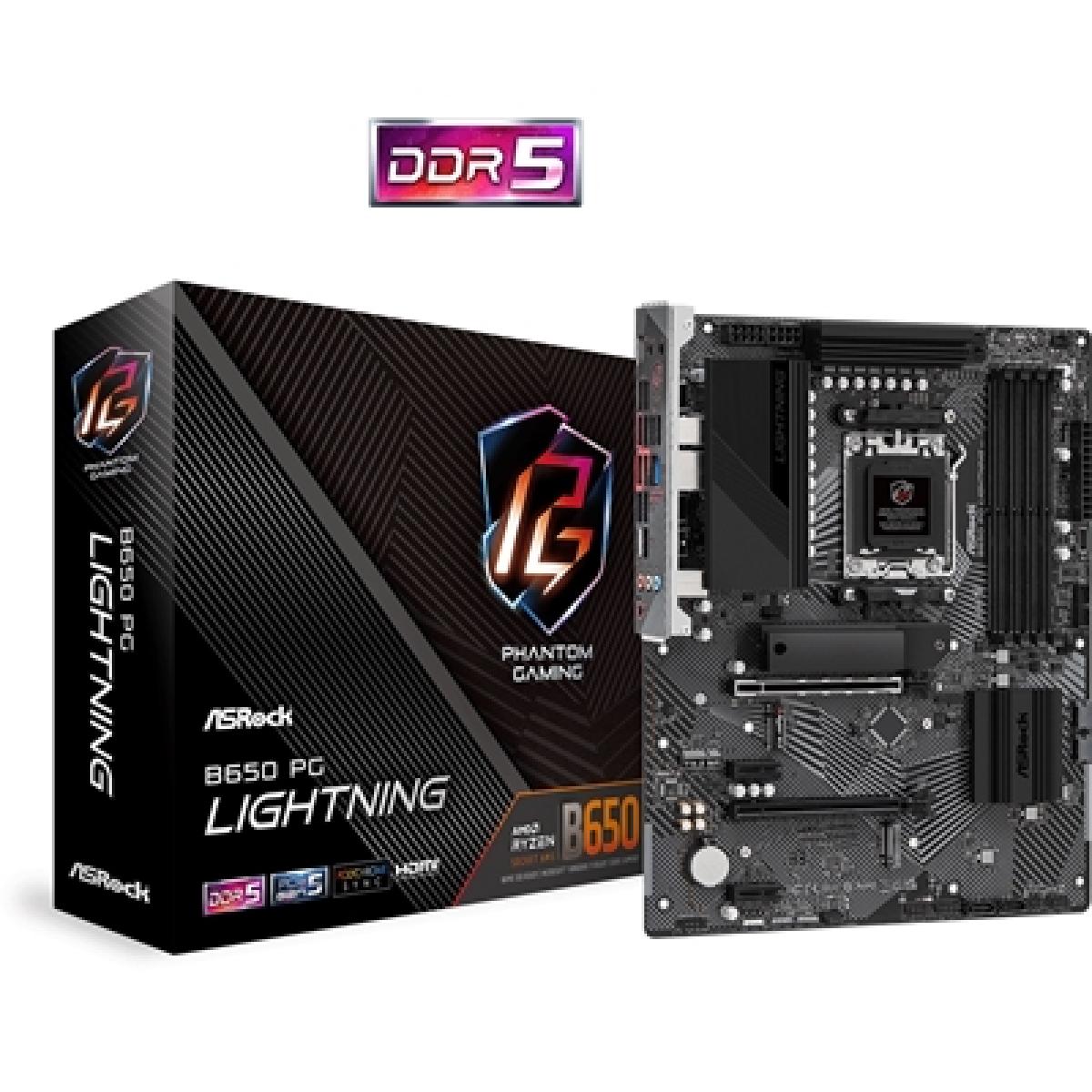 ASRock B650 PG Lightning AMD AM5 Socket Motherboard, ATX, 4x DDR5 Slots, 3x M.2 Sockets, Fitted I/O Shield, 2.5GbE LAN, 1x HDMI Port