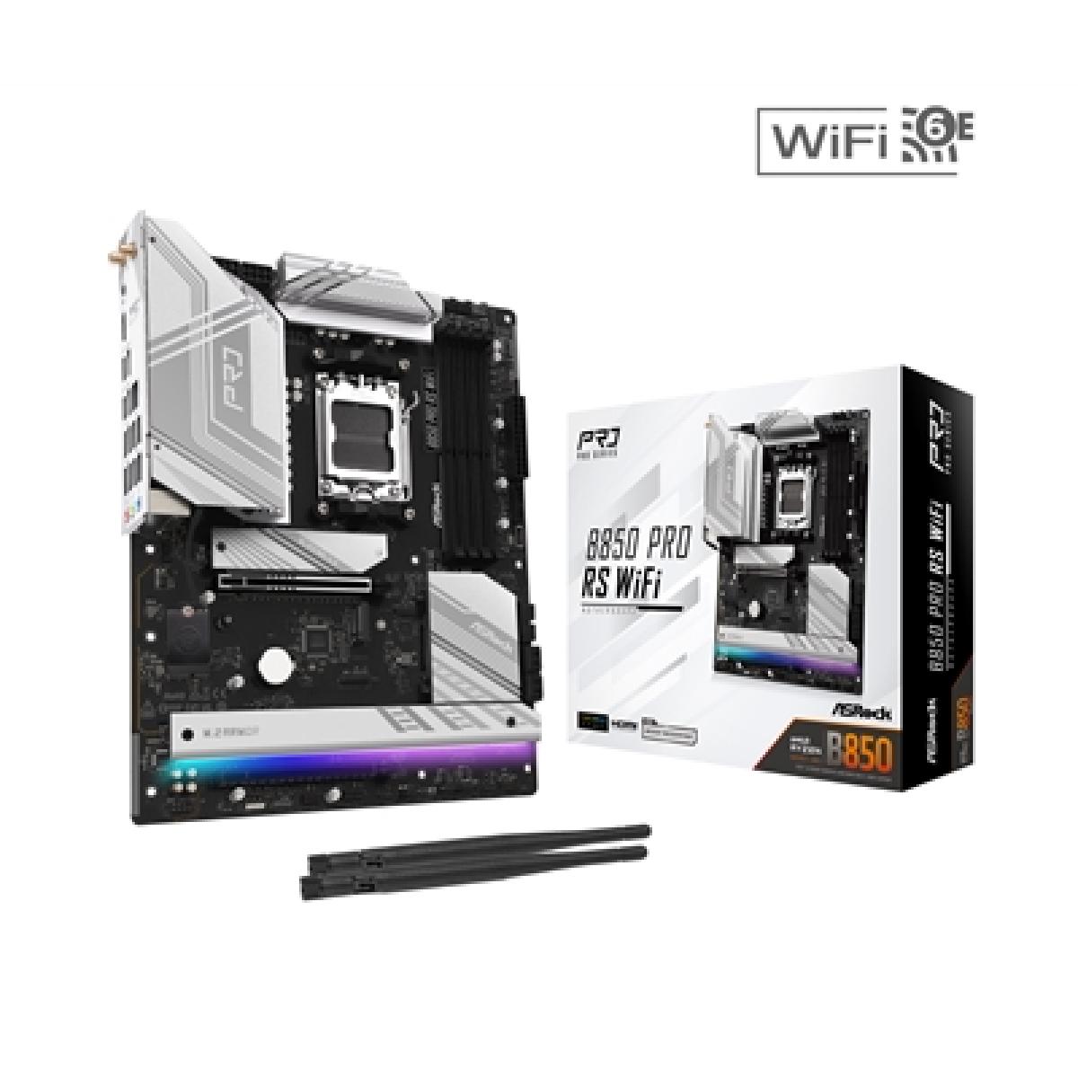ASRock B850 Pro RS AMD AM5 Socket Motherboard, ATX, 4x DDR5 Slots, 4x M.2 Sockets, Fitted I/O Shield, 2.5GbE LAN, Wi-Fi 6E, 1x HDMI Port / 1x USB-C