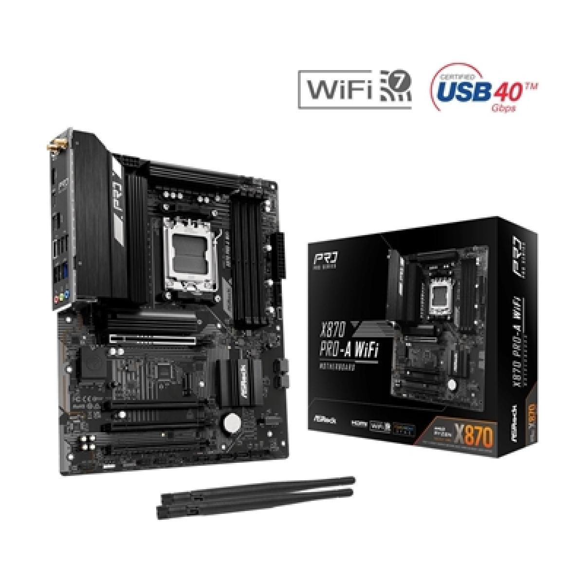 ASRock X870 Pro-A WiFi AMD AM5 Socket Motherboard, 4 x DDR5 Slots, 3x M.2 Socket, 2.5GbE LAN, Wi-Fi 7, 1x HDMI Port / 2x USB-C (USB4)