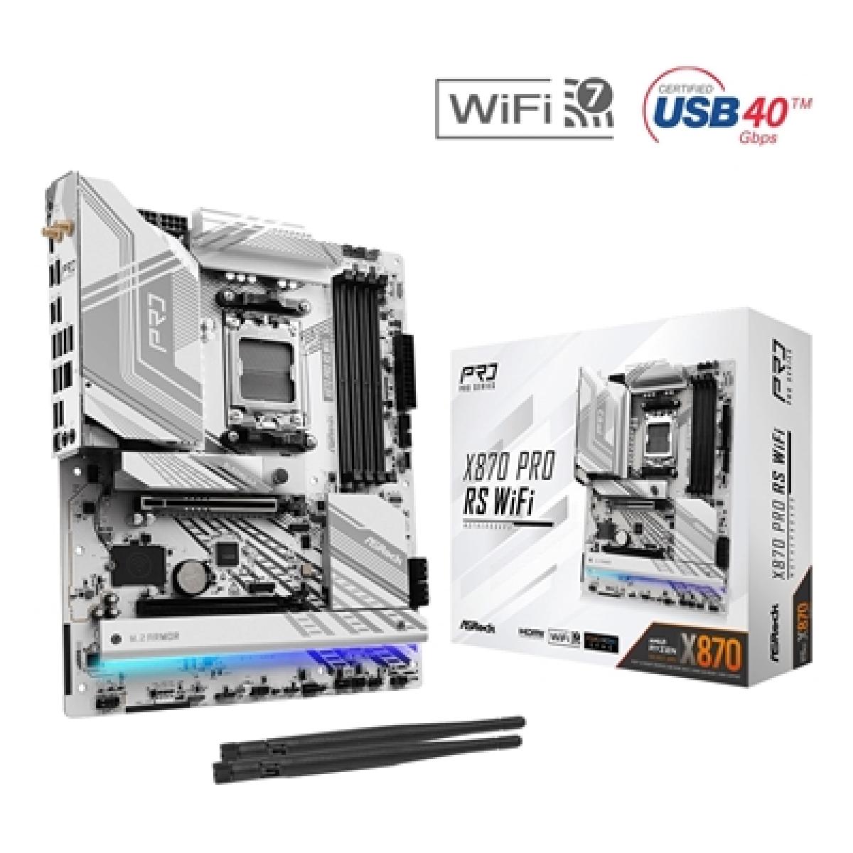 ASRock X870 PRO RS WIFI AMD AM5 Socket Motherboard, ATX, 4x DDR5 Slots, 3x M.2 Sockets, Fitted I/O Shield, 2.5GbE LAN, Wi-Fi 7, 1x HDMI Port / 2x USB-C (USB4)