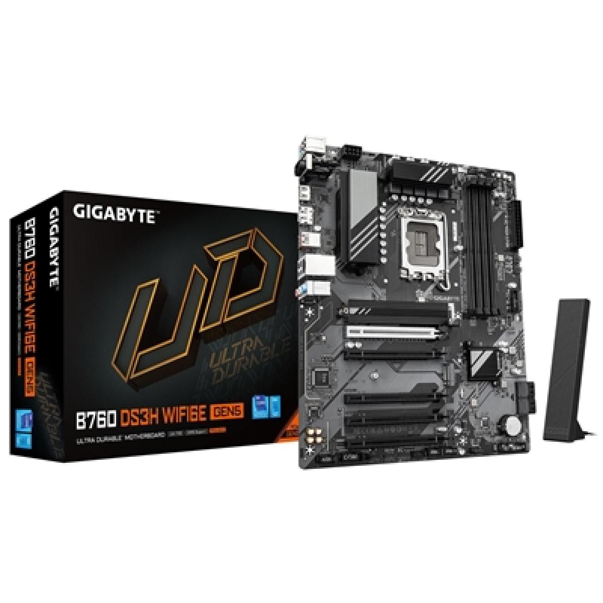 Gigabyte B760 DS3H WIFI6E GEN5 Intel 1700 Socket Motherboard, ATX, 4x DDR5 Slots, 2x M.2 Sockets, GbE LAN, Wi-Fi 6E, 1x DisplayPort / 1x HDMI Port