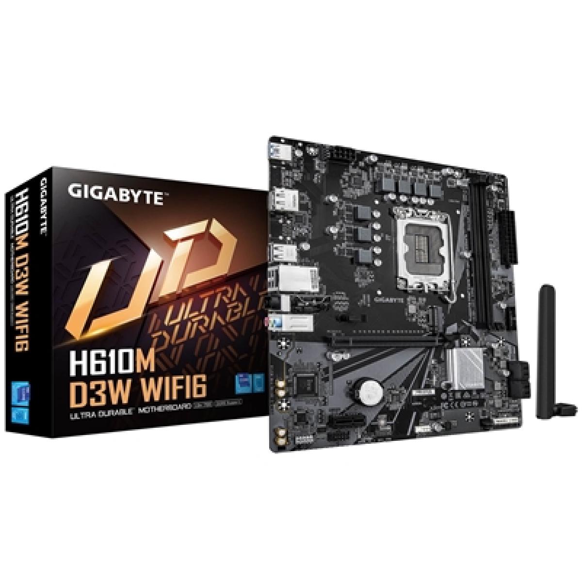 Gigabyte H610M D3W WIFI6 (Rev. 1.1) Intel 1700 Socket Motherboard, Micro-ATX, 2x DDR5 Slots, 1x M.2 Socket, GbE LAN, WiFi 6, 1x DisplayPort / 1x HDMI Port