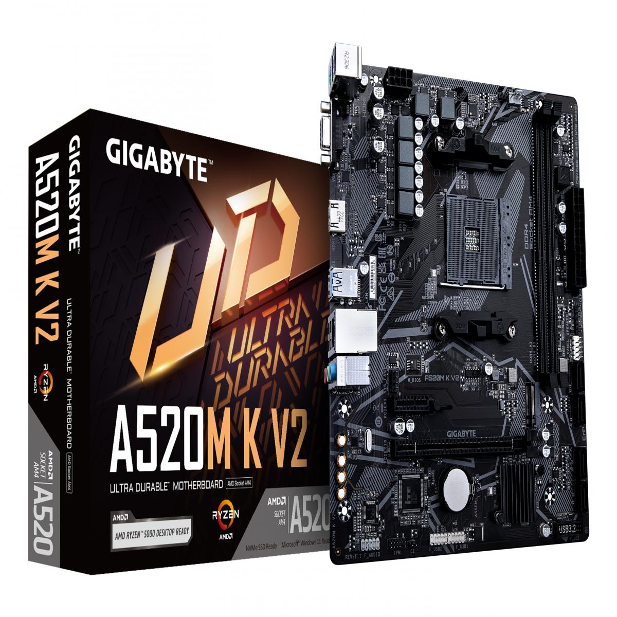 GIGABYTE A520M K V2 Motherboard - Supports AMD Ryzen 5000 Series AM4 CPUs, up to 5100MHz DDR4 (OC), PCIe Gen3 x4 M.2, GbE LAN, USB 3.2 Gen 1