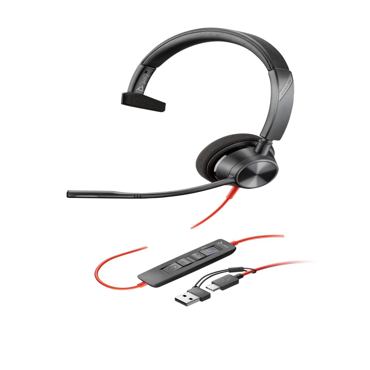 HP Poly Blackwire 3310 Monaural Microsoft Teams Certified USB-C Headset +USB-C/A Adapter