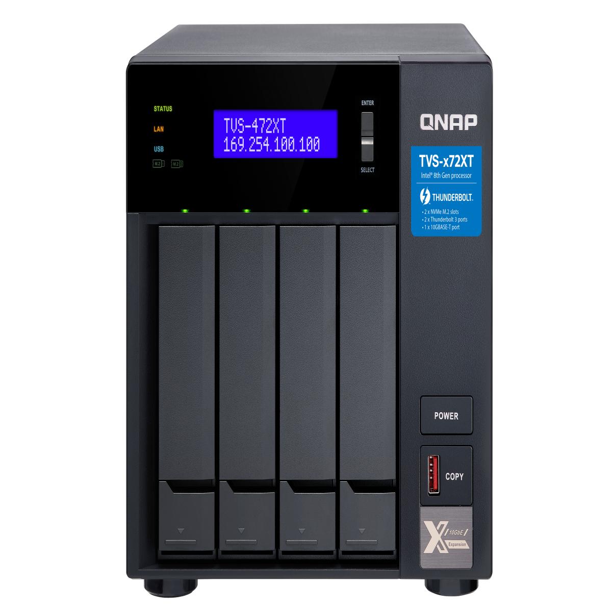 QNAP TVS-472XT-I3-4G/16TB-IW NAS/storage server Tower Intel® Core™ i3 i3-8100T 4 GB DDR4 HDD QNAP Turbo System Black