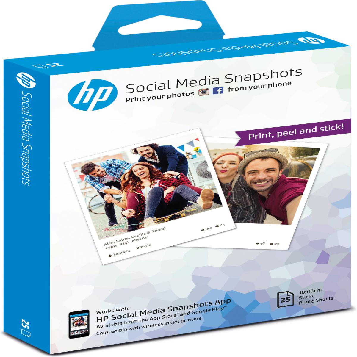 HP Social Media Snapshots Removable Sticky Photo Paper-25 sht/10 x 13 cm White Semi-gloss