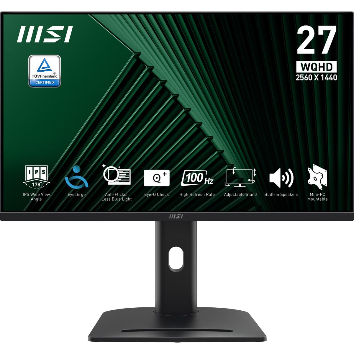 MSI Pro MP275QPG 27 Inch Monitor, QHD (2560 x 1440), 100Hz, IPS, 1ms, 2x HDMI 2.0b, 1x DP 1.2a output, Built-in Speakers, Anti-Glare, Anti-Flicker, Less Blue light, TÜV Certified, VESA, Kensington, 4-way adjustable stand, Black