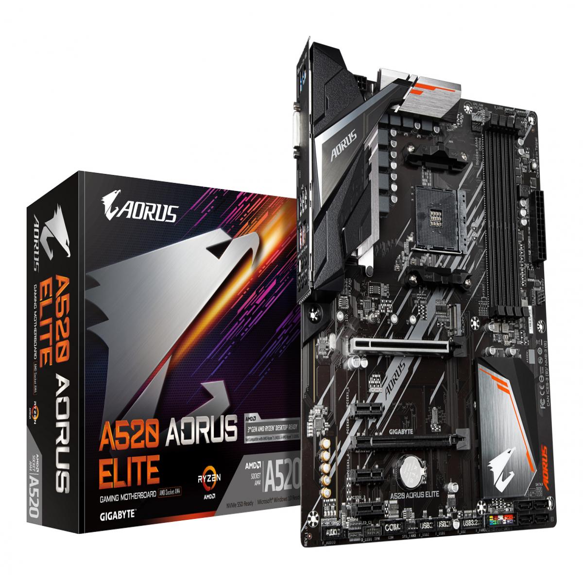 GIGABYTE A520 AORUS ELITE Motherboard - Supports AMD Ryzen 5000 Series AM4 CPUs, 5+3 Phases Pure Digital VRM, up to 4733MHz DDR4 (OC), PCIe 3.0 x4 M.2, GbE LAN, USB 3.2 Gen2