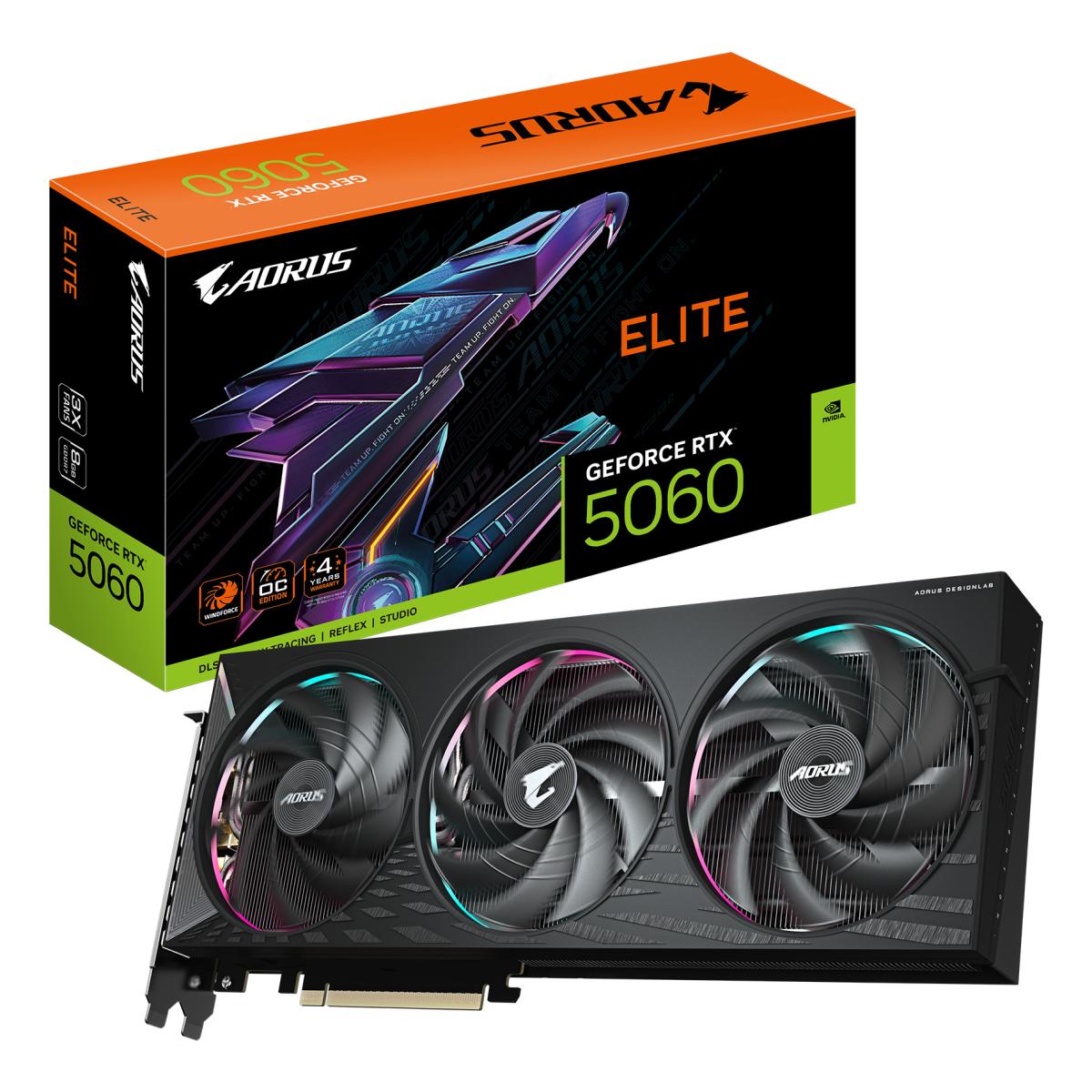 GIGABYTE AORUS GeForce RTX 5060 ELITE 8G Graphics Card - 8GB GDDR7, 128bit, PCI-E 5.0, 2722 MHz Core Clock, 3 x DisplayPort, 1 x HDMI, GV-N5060AORUS E-8GD