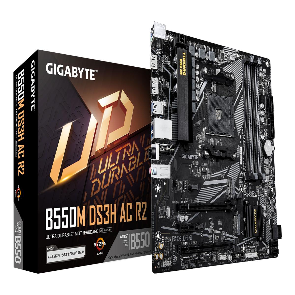 GIGABYTE B550M DS3H AC R2 Motherboard - AMD Ryzen 5000 CPUs, 5+3 Phases VRM, up to 4733MHz DDR4 (O.C.), 1xPCIe 4.0 + 1xPCIe 3.0 M.2, Wi-Fi 5, 1GbE LAN, USB 3.2 Gen 1