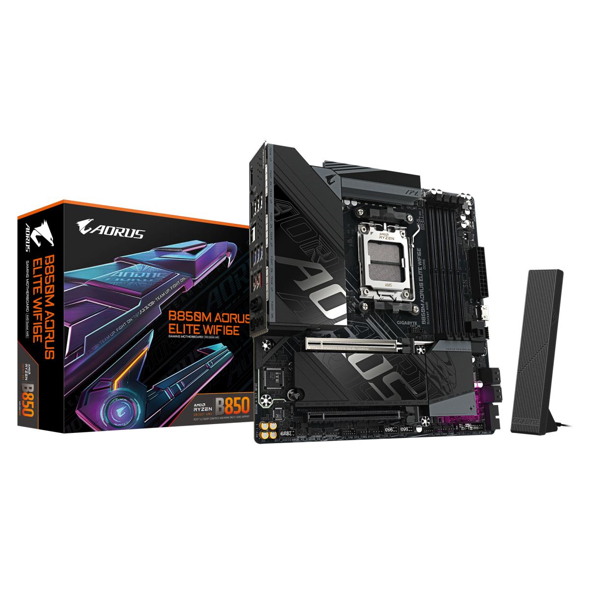 GIGABYTE B850M AORUS ELITE WIFI6E Motherboard - AMD Ryzen 9000 Series CPUs, 12+2+2 Phases Digital VRM, up to 8200MHz DDR5 (OC), 1xPCIe 5.0 + 1xPCIe 4.0 M.2, WIFI 6E, 2.5GbE LAN, USB 3.2 Gen 2