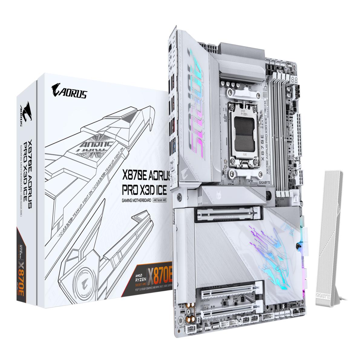 GIGABYTE X870E AORUS PRO X3D ICE Motherboard - Supports AMD Ryzen 9000 CPUs, 18+2+2 Phases Digital VRM, up to 9000Hz DDR5 (OC), 2xPCIe 5.0 + 2xPCIe 4.0, Wi-Fi 7, 5GbE LAN, USB 4