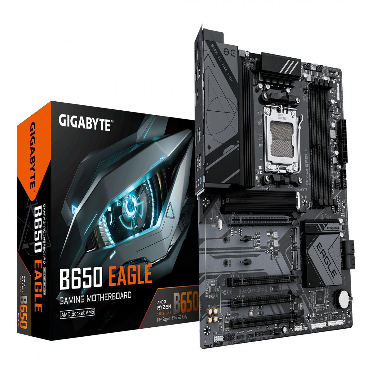 GIGABYTE B650 EAGLE Motherboard - AMD Ryzen 9000 Series CPUs, 12+2+2 Phases VRM, up to 7600MHz DDR5 (OC), 1xPCIe 5.0 + 2xPCIe 4.0 M.2, GbE LAN, USB 3.2 Gen 2