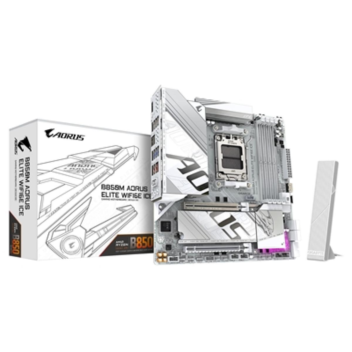 Gigabyte B850M AORUS ELITE WIFI6E ICE AMD AM5 Socket Motherboard, Micro-ATX, 4x DDR5 Slots, 2x M.2 Sockets, Fitted I/O Shield, 2.5GbE LAN, Wi-Fi 6E, 1x DisplayPort / 1x HDMI Port