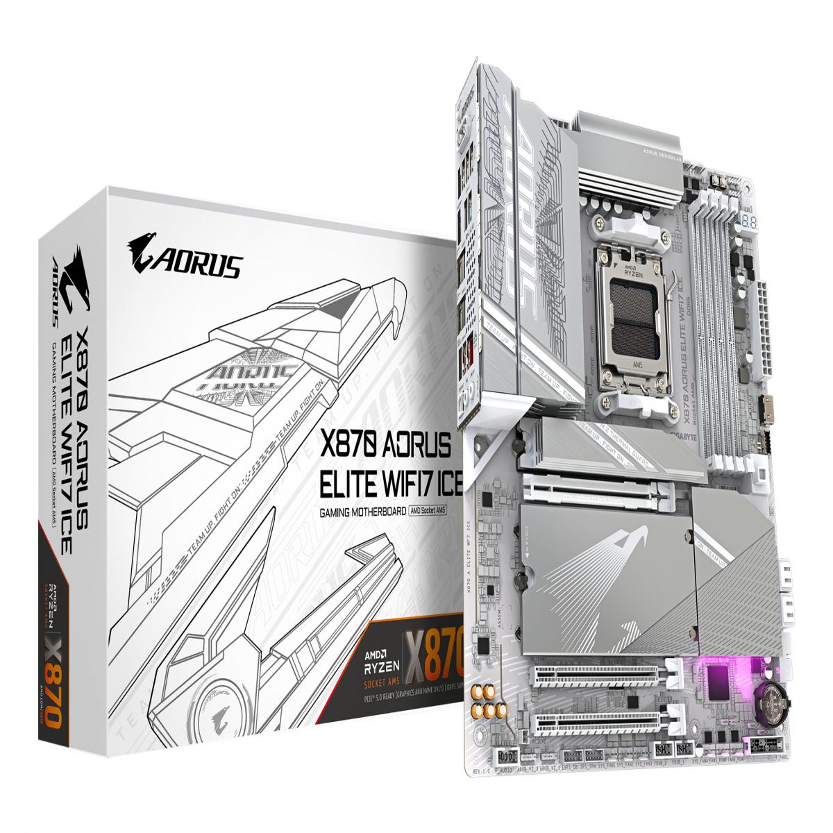 GIGABYTE X870 AORUS ELITE WIFI7 ICE Motherboard - Supports AMD Ryzen 9000 CPUs, 16+2+2 Phases Digital VRM, up to 8200MHz DDR5 (OC), 3xPCIe 5.0 + 1xPCIe 4.0, Wi-Fi 7, 2.5GbE LAN, USB 4