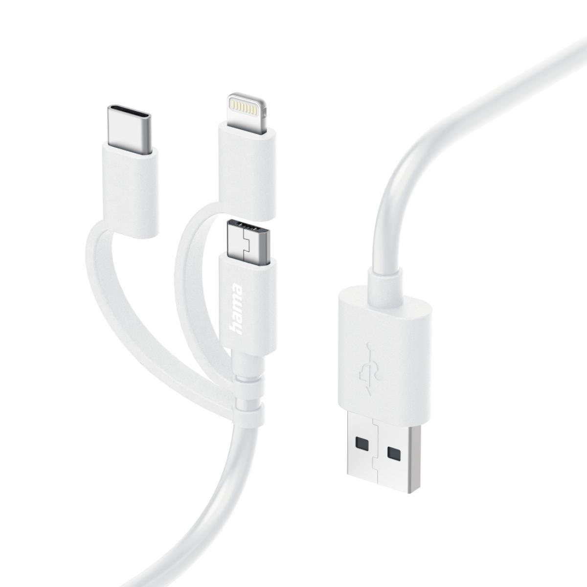 Hama 3-in-1 Multi Charging Cable, USB-A - Micro-USB, USB-C and Lightning, 1.0 m, White