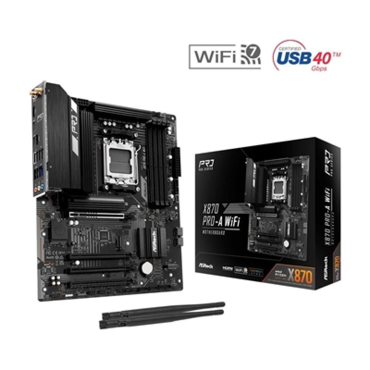 ASRock X870 Pro-A WiFi AMD AM5 Socket Motherboard, 4 x DDR5 Slots, 3x M.2 Socket, 2.5GbE LAN, Wi-Fi 7, 1x HDMI Port / 2x USB-C (USB4)