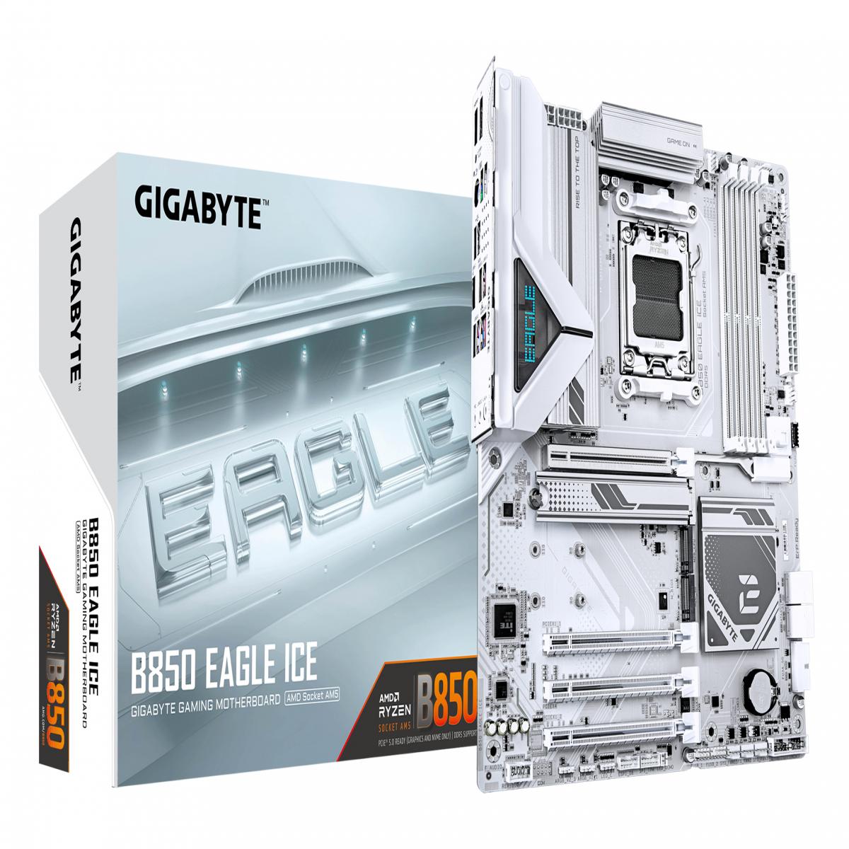 GIGABYTE B850 EAGLE ICE Motherboard - AMD Ryzen 9000 Series CPUs, 8+2+2 Phases Digital VRM, up to 8200MHz DDR5 (O.C), 1xPCIe 5.0 + 2xPCIe 4.0 M.2, 2.5 GbE LAN, USB 3.2 Gen 2
