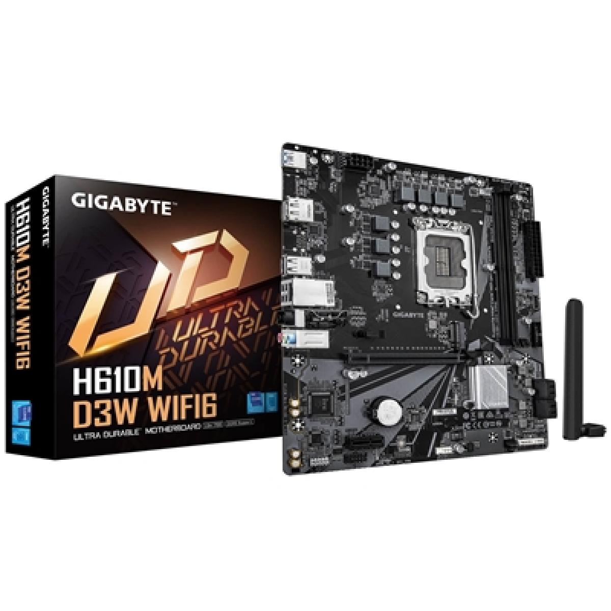 Gigabyte H610M D3W WIFI6 (Rev. 1.1) Intel 1700 Socket Motherboard, Micro-ATX, 2x DDR5 Slots, 1x M.2 Socket, GbE LAN, WiFi 6, 1x DisplayPort / 1x HDMI Port