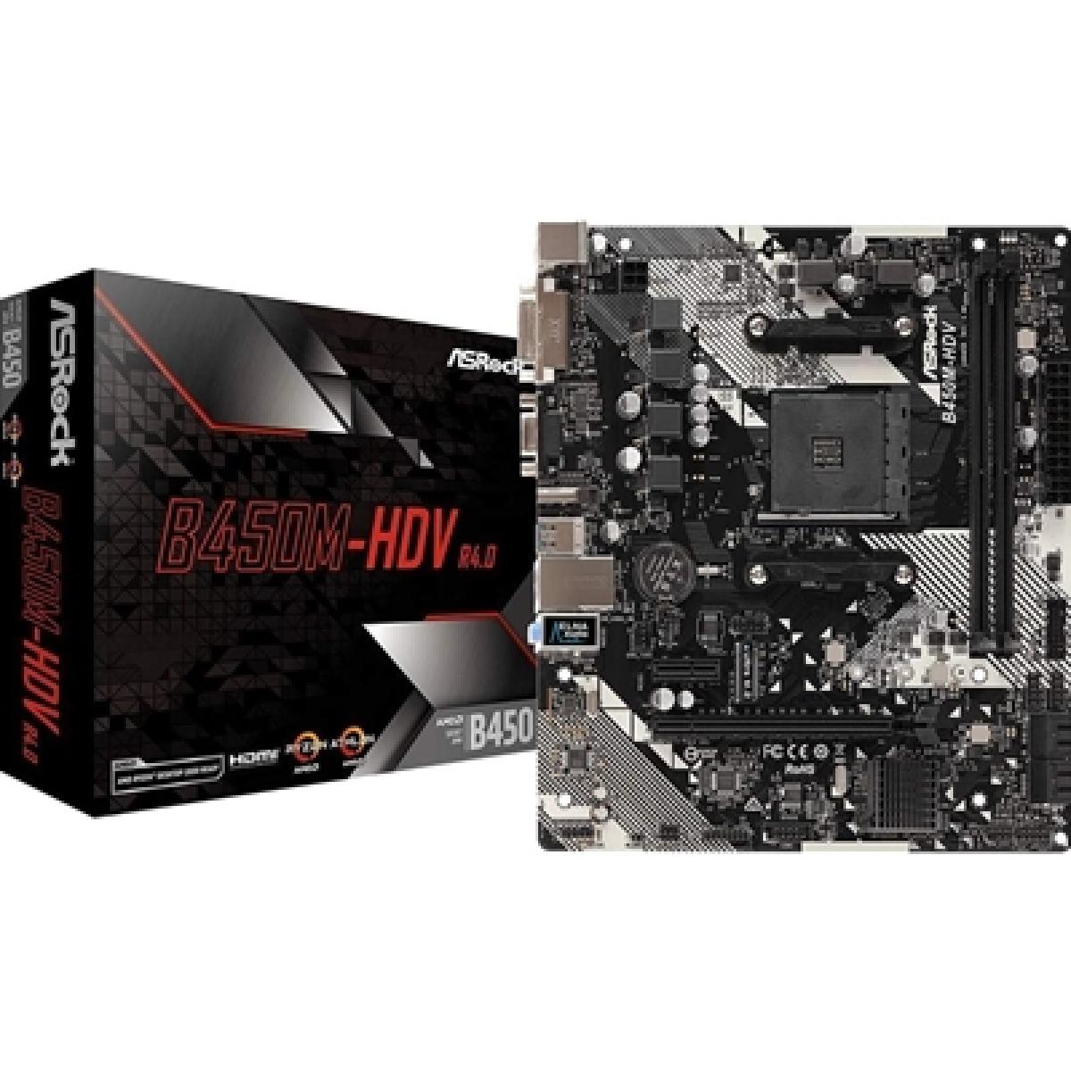 ASRock B450M-HDV R4.0 Super Alloy AMD AM4 Socket Motherboard, Micro-ATX, 2x DDR4 Slots, 1x M.2 Socket, GbE LAN, 1x D-Sub / 1x DVI-D / 1x HDMI Port