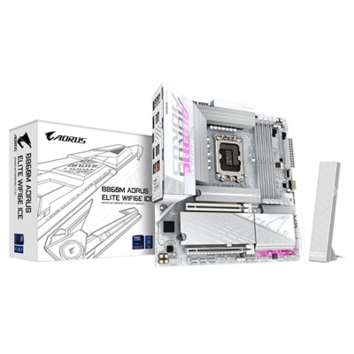 Gigabyte B860M AORUS ELITE WIFI6E ICE Intel 1851 Socket Motherboard, Micro-ATX, 4x DDR5 Slots, 3x M.2 Sockets, Fitted I/O Shield, 2.5GbE LAN, Wi-Fi 6E, 1x DisplayPort / 1x HDMI / 1x USB-C (USB4)