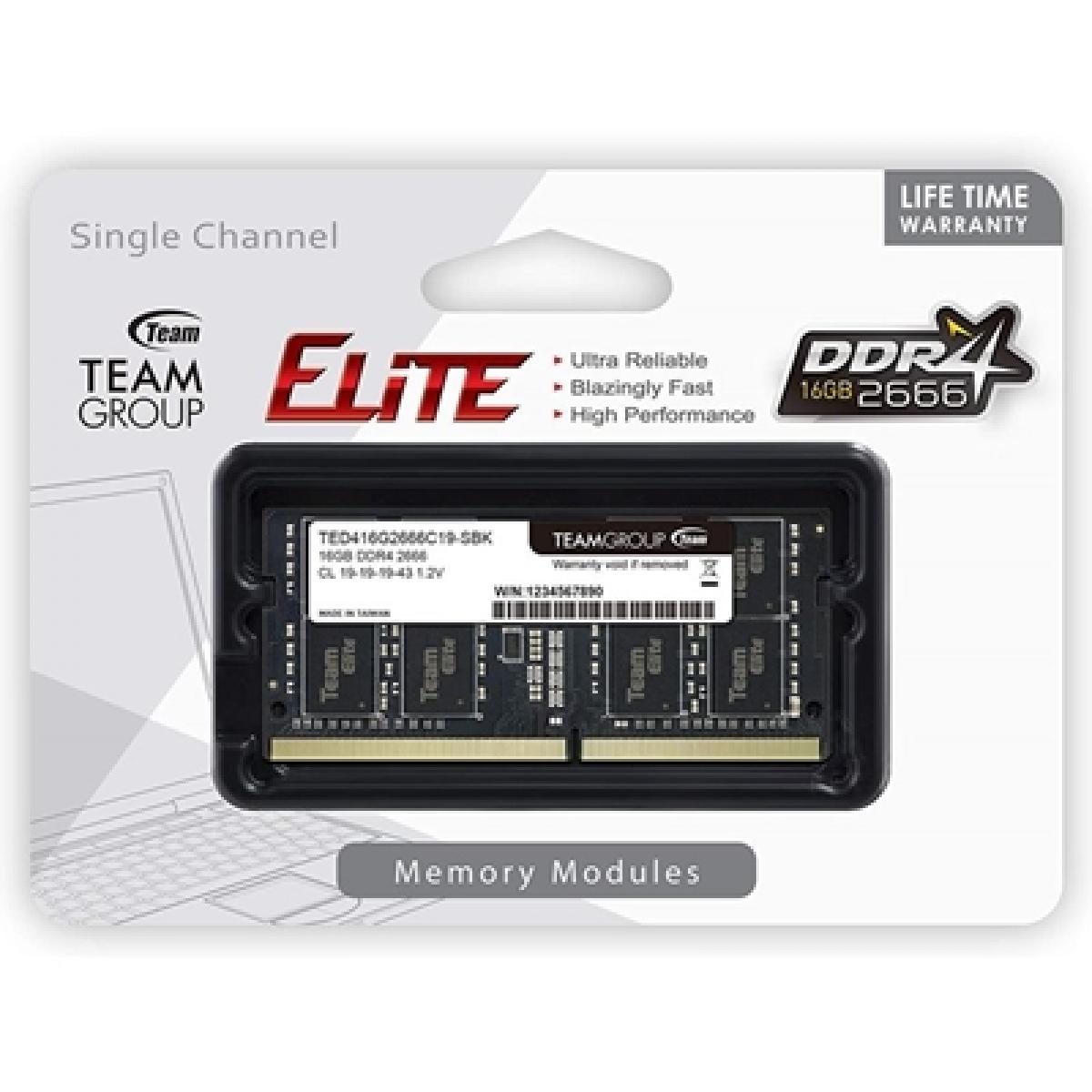 Team Elite TED416G2666C19-S01 16GB (1x 16GB) SODIMM System Memory, 2666MHz, DDR4, CL19