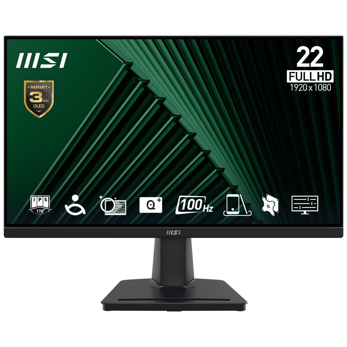 MSI Pro MP225V 21.45 Inch Monitor, FHD (1920 x 1080), 100Hz, VA, 1ms, 1x HDMI 1.4b, 1x D-Sub(VGA), Anti-Glare, Anti-Flicker, Less Blue light, TÜV Certified, VESA, Kensington, Black