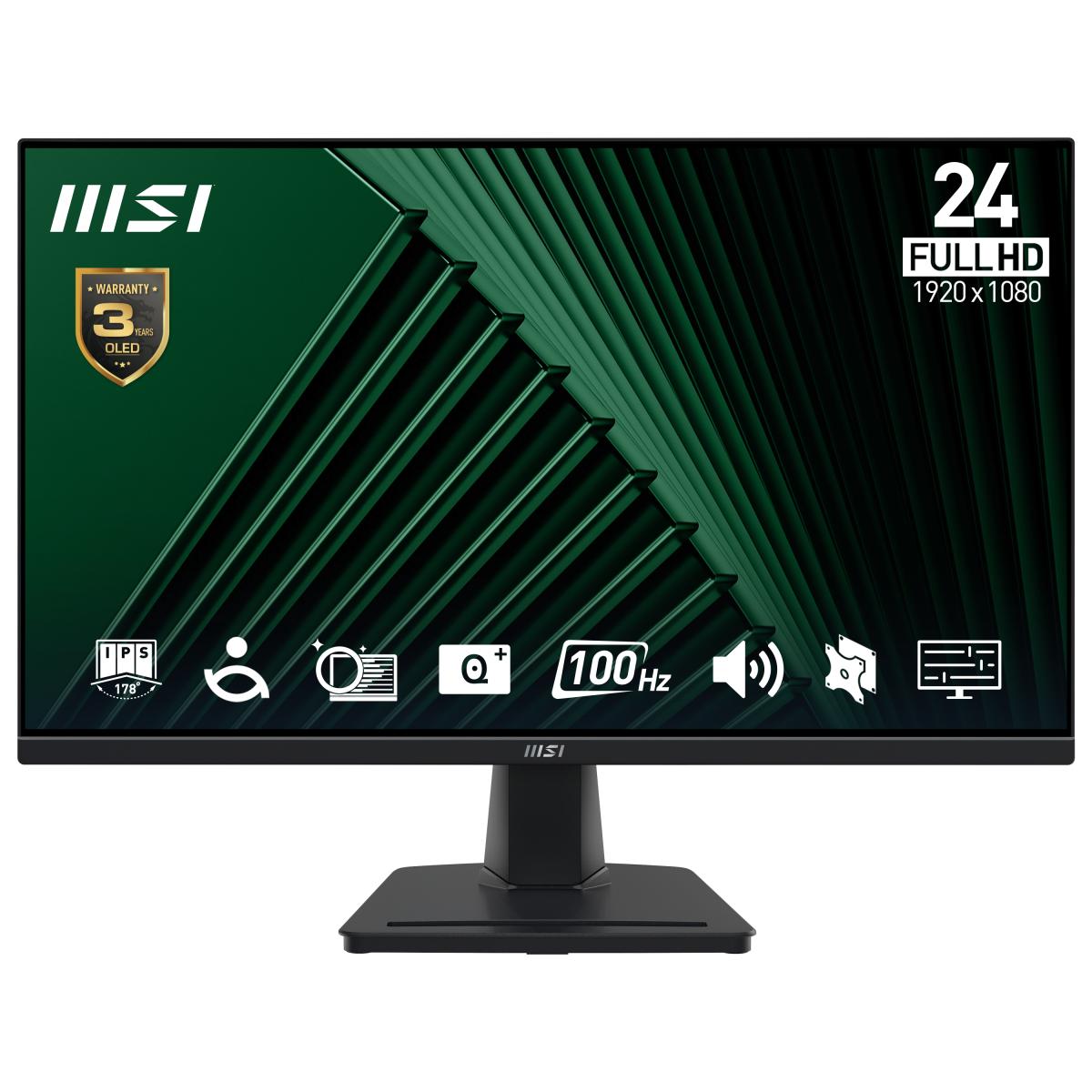 MSI Pro MP245G 24 Inch Monitor, FHD (1920 x 1080), 100Hz, IPS, 1ms, 1x HDMI 1.4b, 1x DP 1.2a output, 1x D-Sub(VGA), Built-in Speakers, Anti-Glare, Anti-Flicker, Less Blue light, TÜV Certified, VESA, Kensington, Black