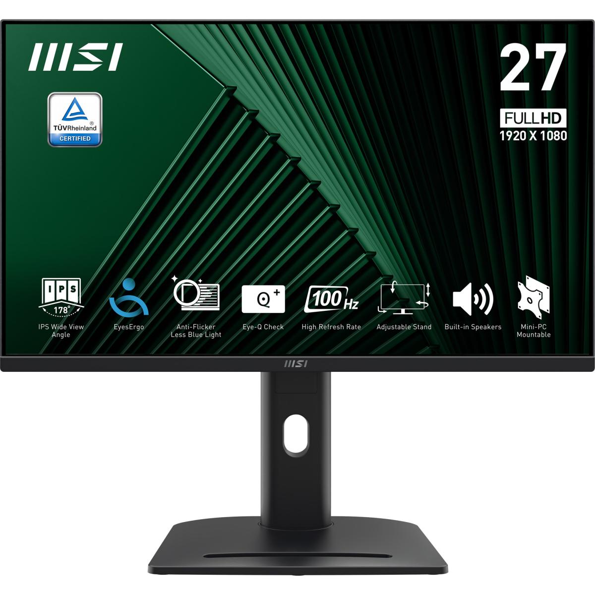 MSI PRO MP275PG 27 Inch Monitor, FHD (1920 x 1080), 100Hz, IPS, 1ms, 1x HDMI 1.4b, 1x DP 1.2a output, 1x D-Sub(VGA), Built-in Speakers, Anti-Glare, Anti-Flicker, Less Blue light, TÜV Certified, VESA, Kensington, 4-way adjustable stand, Black
