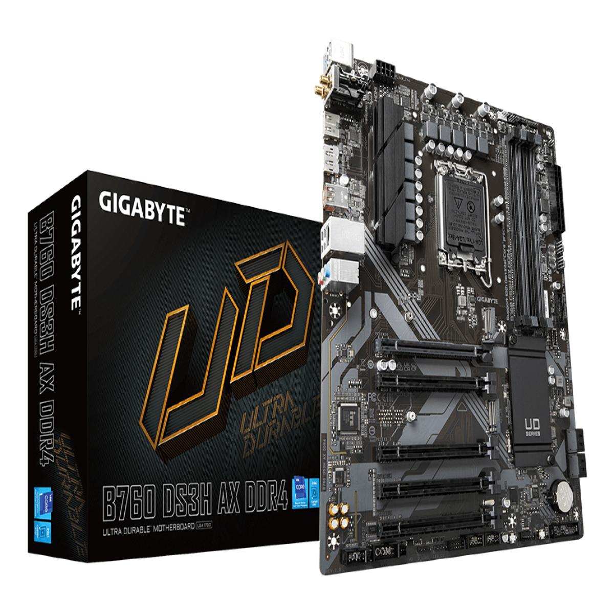 GIGABYTE B760 DS3H AX DDR4 Motherboard - Supports Intel Core 14th CPUs, 8+2+1 Phases Digital VRM, up to 5333MHz DDR4 (OC), 2xPCIe 4.0 M.2, Wi-Fi 6E, GbE LAN, USB 3.2 Gen 2