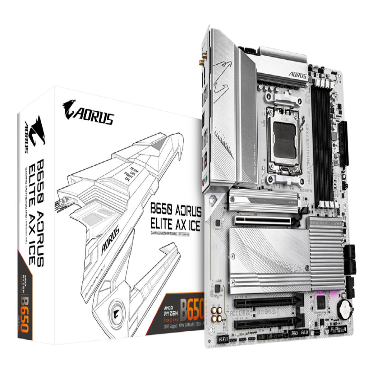 GIGABYTE B650 AORUS ELITE AX ICE Motherboard - Supports AMD Ryzen 9000 CPUs, 12+2+2 Phases Digital VRM, up to 8000MHz DDR5 (OC), 1xPCIe 5.0 + 2xPCIe 4.0 M.2, Wi-Fi 6E, 2.5GbE LAN, USB 3.2 Gen 2x2