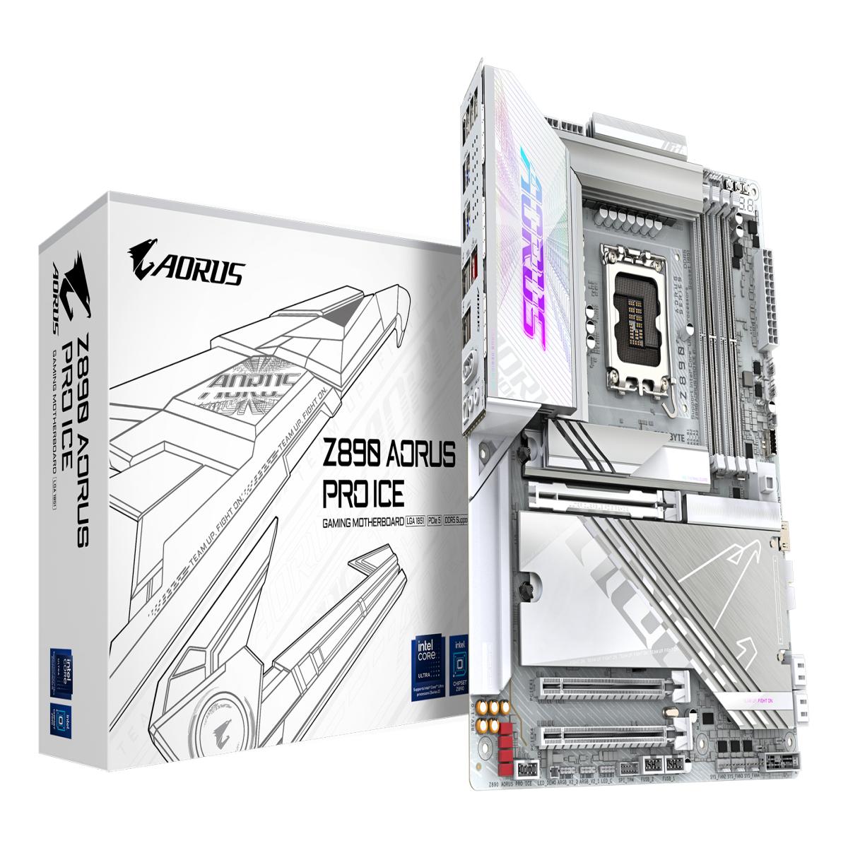 GIGABYTE Z890 AORUS PRO ICE Motherboard - Supports Intel Core Ultra (Series 2) CPUs, 16+1+2 phases VRM, up to 9500MHz DDR5 (OC), 1xPCIe 5.0 + 4xPCIe 4.0, Wi-Fi 7, 5GbE LAN, Thunderbolt 4