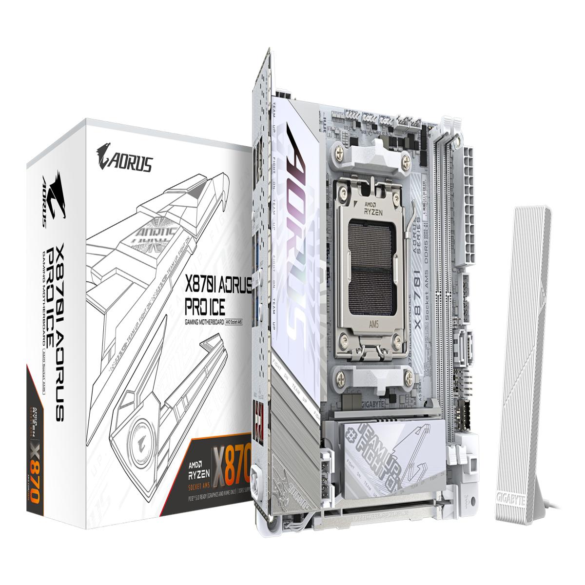 GIGABYTE X870I AORUS PRO ICE Motherboard - Supports AMD Ryzen 9000 Series CPUs, 8+2+1 phases VRM, up to 8400MHz DDR5 (OC), 1xPCIe 5.0 M.2 + 1xPCIe 4.0 M.2, WI-FI 7, 2,5GbE LAN, USB 4