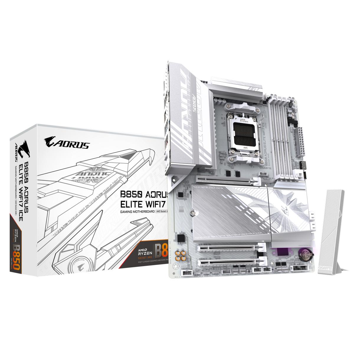 GIGABYTE B850 AORUS ELITE WIFI7 ICE Motherboard - AMD Ryzen 9000 Series CPUs, 14+2+2 Phases Digital VRM, up to 8200MHz DDR5 (OC), 1xPCIe 5.0 + 2xPCIe 4.0 M.2, 2.5 LAN, WIFI 7, USB 3.2 Gen 2x2