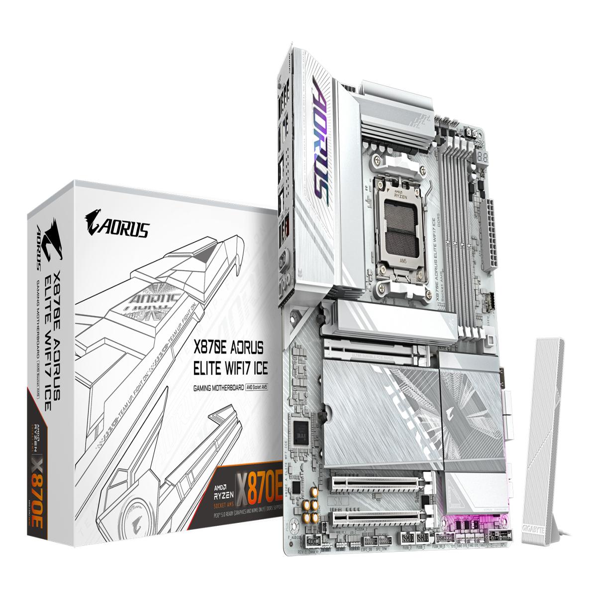 GIGABYTE X870E AORUS ELITE WIFI7 ICE Motherboard - Supports AMD Ryzen 9000 CPUs, 16+2+2 Phases Digital VRM, up to 8200Hz DDR5 (OC), 3xPCIe 5.0 + 1xPCIe 4.0, Wi-Fi 7, 2.5GbE LAN, USB 4