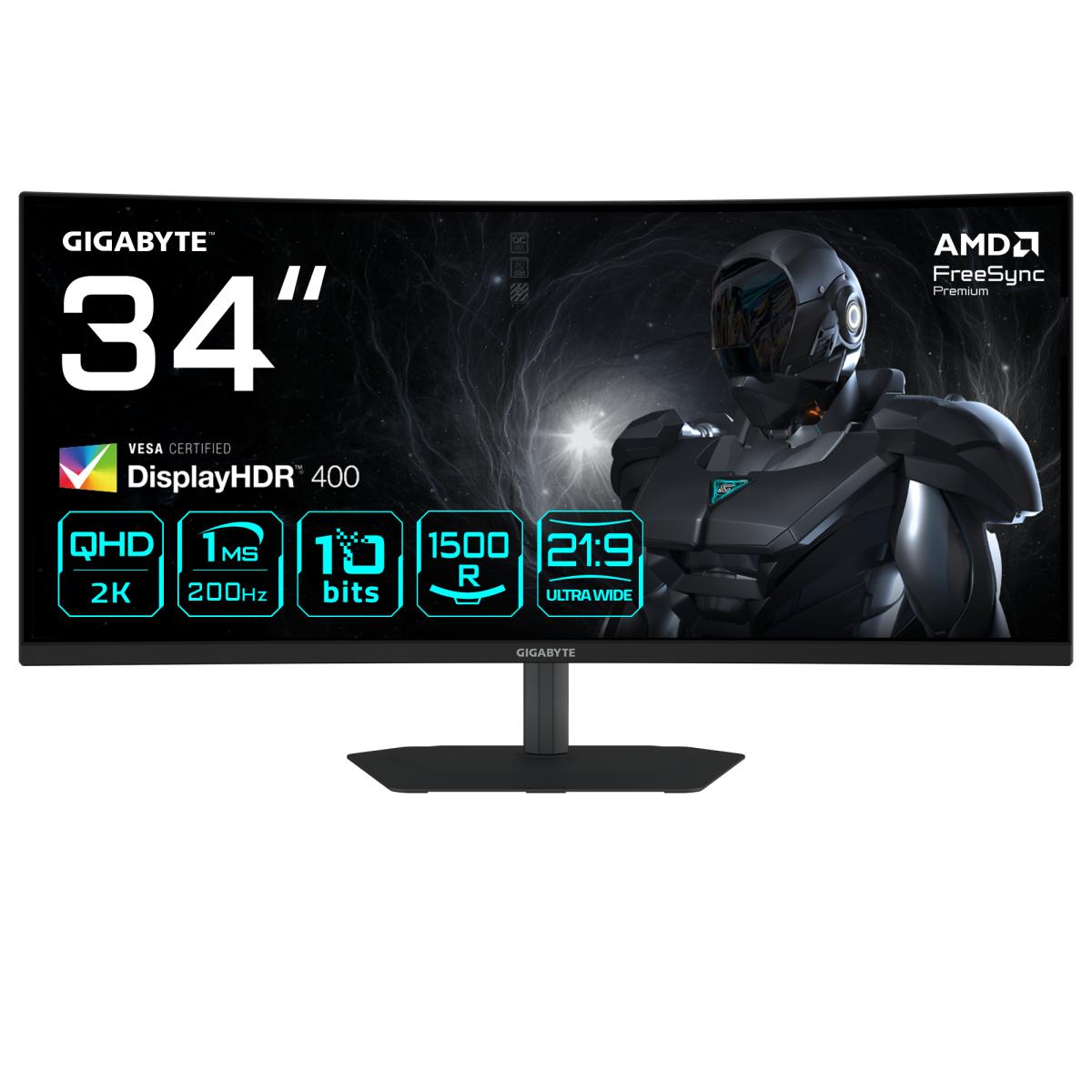 GIGABYTE G34WQC2 34” WQHD Curved Gaming Monitor - 3440 x 1440, 1500R, 200Hz, 1ms, 450 cd/m2, AMD FreeSync Premium, DisplayHDR 400, HDMI 2.0, Displayport 1.4
