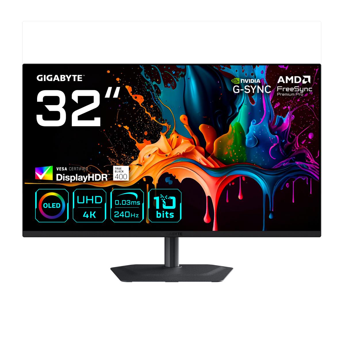 GIGABYTE MO32U2 32” OLED 4K UHD Gaming Monitor - 3840 x 2160, 240Hz, 0.03ms, 250 cd/m², G-Sync Compatible, FreeSync Premium Pro, Display HDR True Black 400, HDMI 2.1, Displayport 1.4