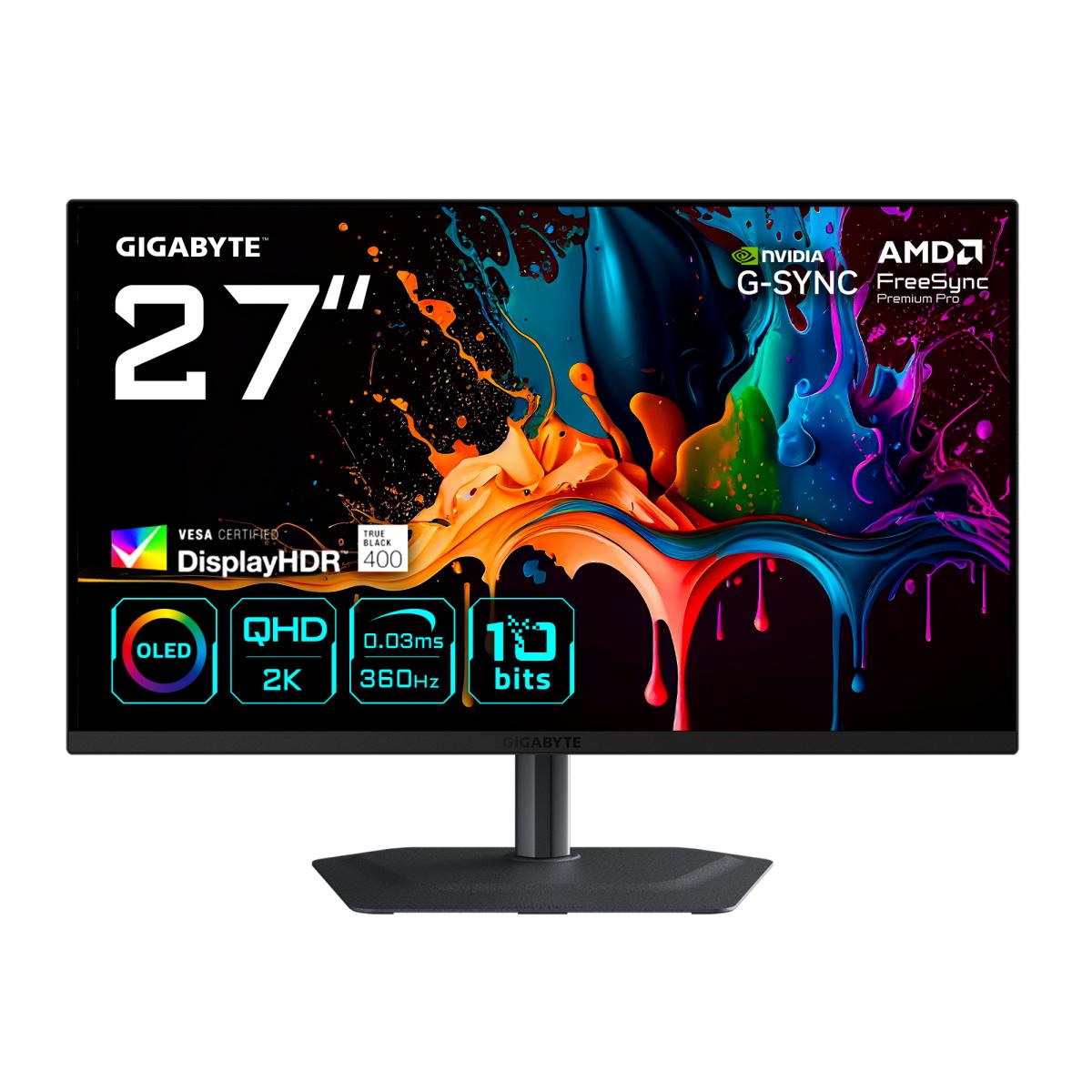 GIGABYTE MO27Q3 27” OLED QHD Gaming Monitor - 2560 x 1440, 360Hz, 0.03ms, 250 cd/m², G-Sync Compatible, FreeSync Premium Pro, Display HDR True Black 400, HDMI 2.1, Displayport 1.4