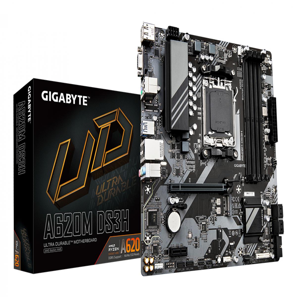 GIGABYTE A620M DS3H Motherboard - Supports AMD Ryzen 8000 CPUs, 5+2+2 Phases Digital VRM, up to 7600MHz DDR5 (OC), 1xPCIe 4.0 M.2, GbE LAN, USB 3.2 Gen 1