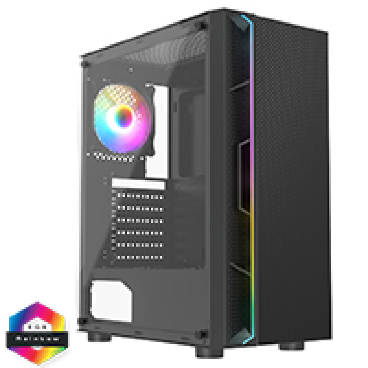 CiT Galaxy Black Mid-Tower PC Gaming Case with 1 x LED Strip 1 x 120mm Rainbow RGB Fan Included Tempered Glass Side Panel