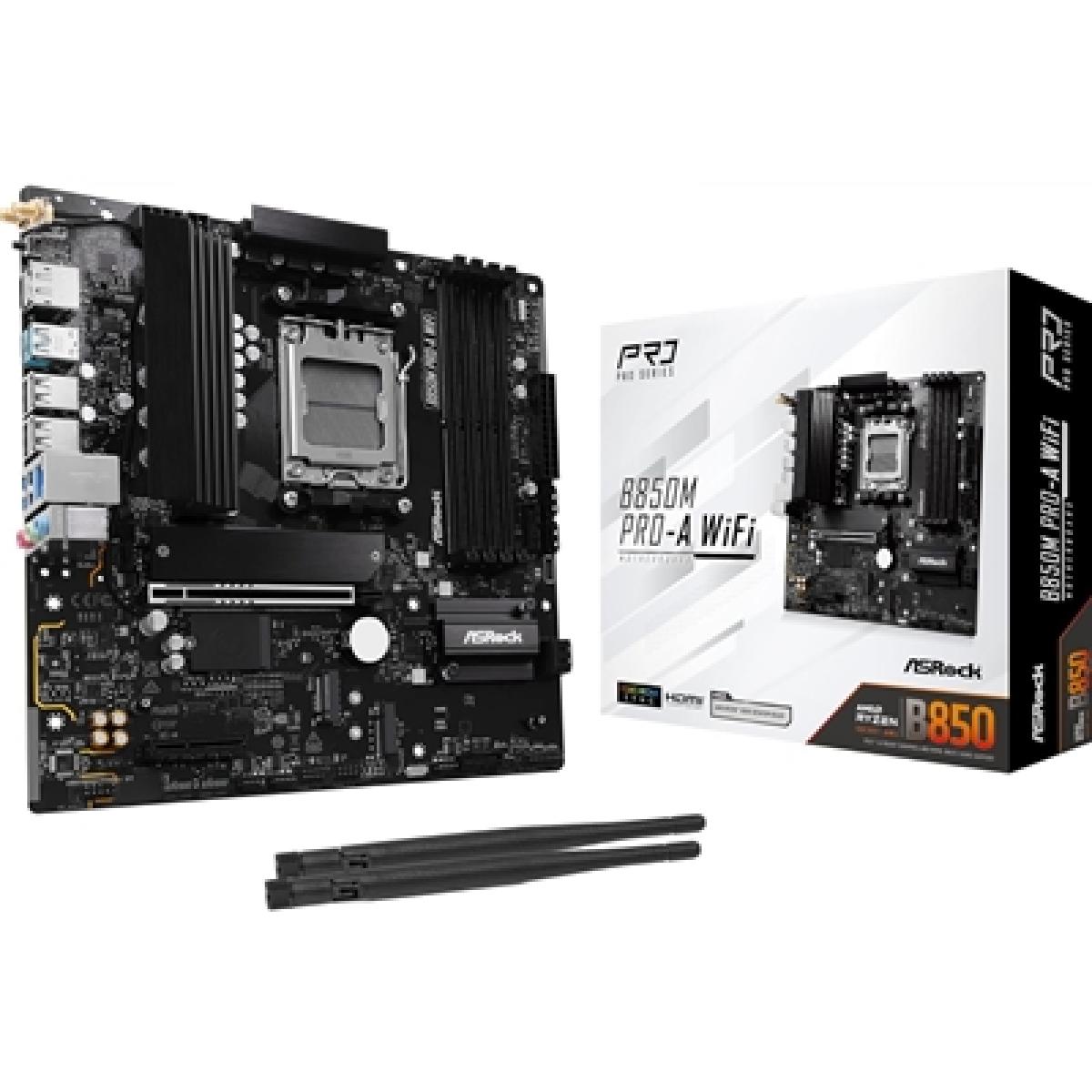 ASRock B850M Pro-A WiFi AMD AM5 Socket Motherboard, Micro-ATX, 4x DDR5 Slots, 3x M.2 Sockets, 2.5GbE LAN, Wi-Fi 6E, 1x DisplayPort / 1x HDMI Port