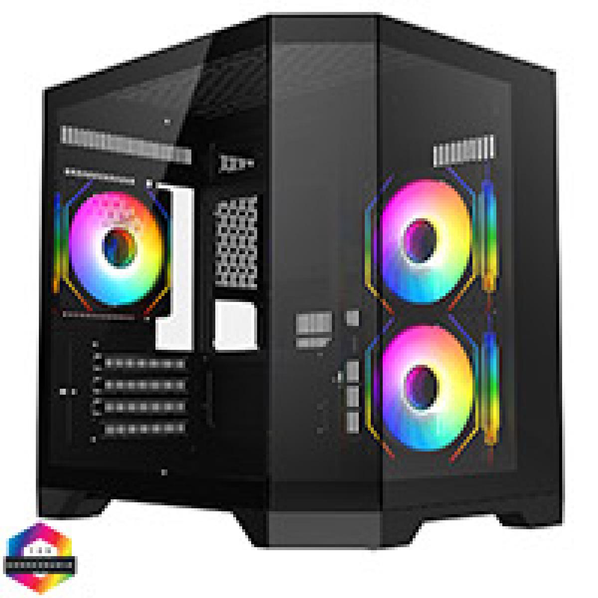CiT DS240 Black ATX Gaming Case With Dual Chamber Panoramic Tempered Glass With 3 x CiT Pro Storm 120mm Fans and 6 Port PWM Hub