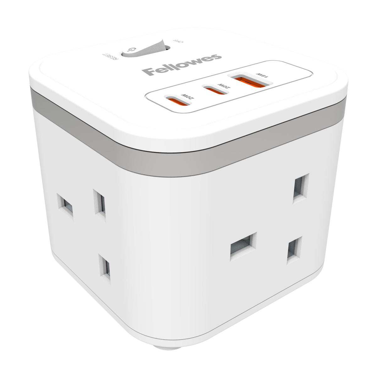 Fellowes Power Cube with 3 Power Socket Extension USB-A & USB-C Ports White